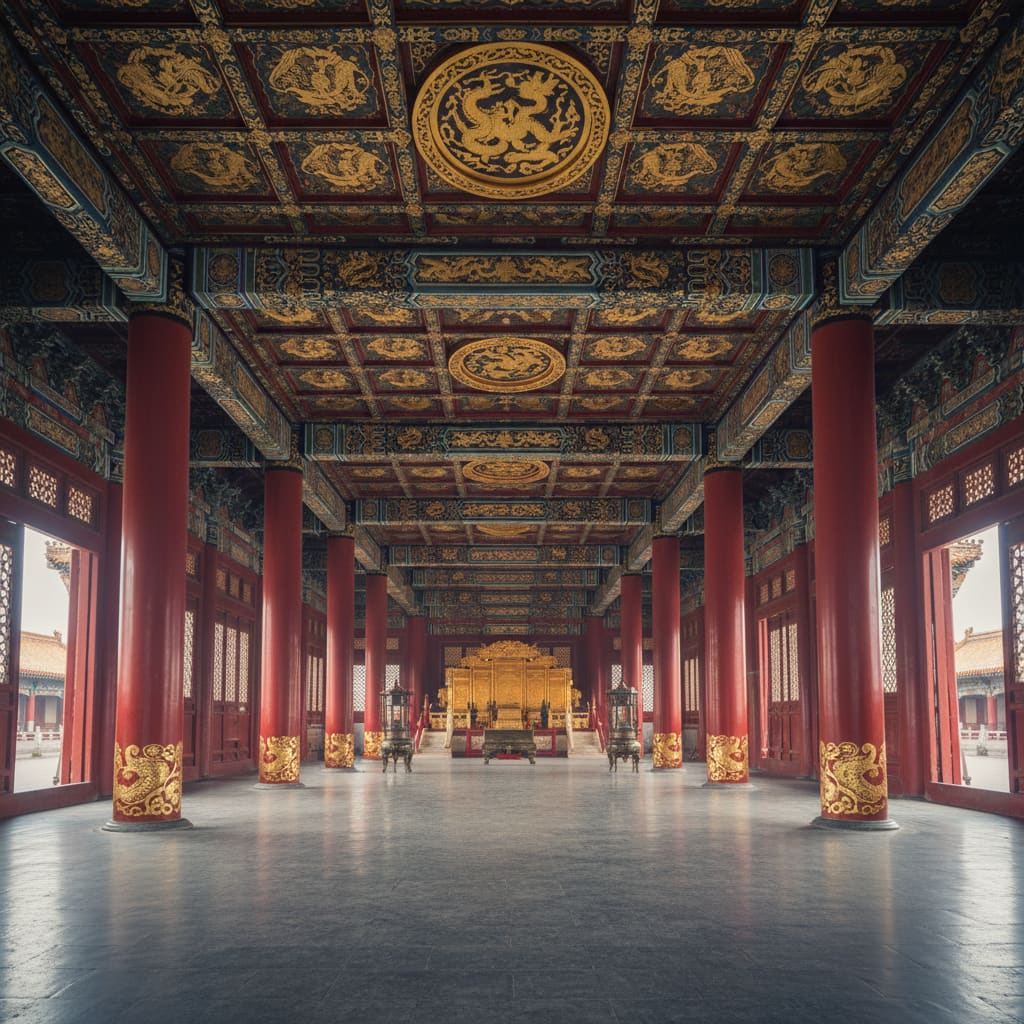 Interior of a palace hall with ornate beams and red columns