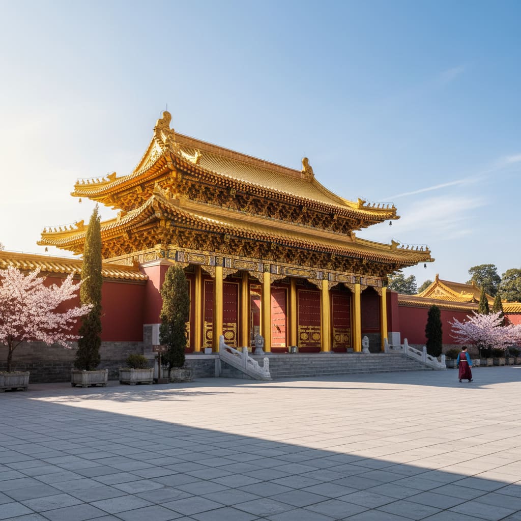 Approach to a historic palace entrance with red walls and golden roof